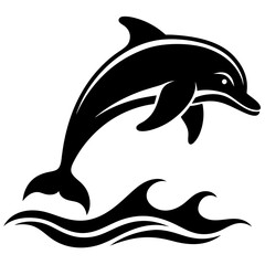 Dolphin icon vector silhouette over a wave engraving an white background.