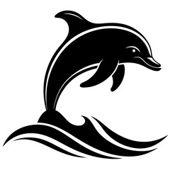 Dolphin icon vector silhouette over a wave engraving an white background.