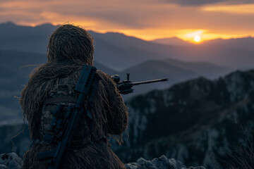 A photograph of an anthropomorphic sniper in a ghillie suit holding an M4, with a sunset background and mountains in the distance, in the style of professional photography, as a full body shot and wit