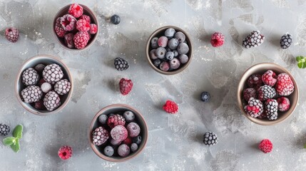 Frozen Berries in Bowls on a Grey Surface
