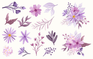 watercolor flower set purple pastel