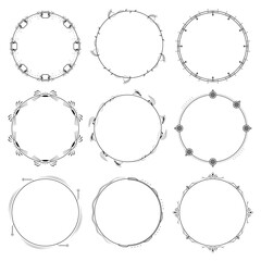 Set Abstract Collection Black Simple Line Round Circle With Leaf Leaves Frame Flowers Doodle Outline Element Vector Design Style Sketch Isolated Illustration For Wedding And Banner