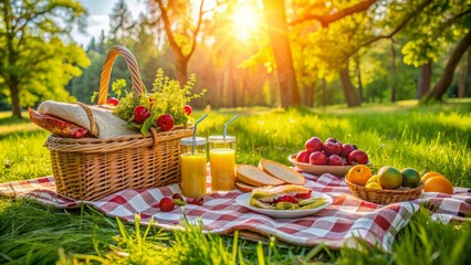 Bright sunny afternoon with colorful blanket, picnic basket, sandwiches, fruits, and refreshing drinks scattered on lush green grass amidst serene nature background.,hd, 8k.