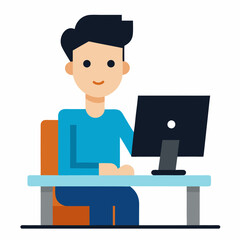 Computer vector art illustration of a young man sitting at his desk working. 