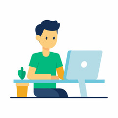 Computer vector art illustration of a young man sitting at his desk working. 