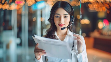 Female call center agent reading a script