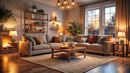 Cozy living room setting with warm lighting, clean decor, and plush couch, exuding a sense of comfort and warmth, perfect for family moments.,hd, 8k.