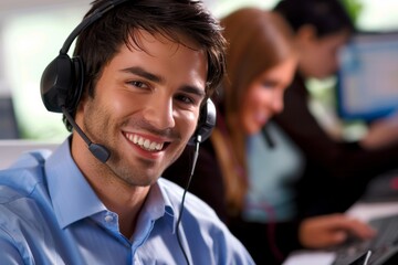 Smiling male call center agent with a headset