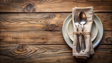 Fototapeta premium Arranged neatly on a rustic wooden table, a silver fork, knife, and spoon lay alongside a cream-colored plate and a delicate white napkin.,hd, 8k.