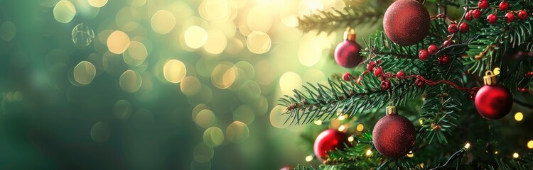 Obraz premium C Christmas banner with christmas tree with red ornaments and blurred green background with lights, banner design. Christmas decoration concept 