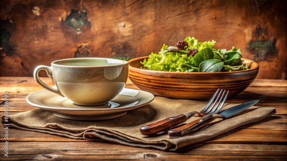 Poster A rustic wooden table setting featuring a delicate porcelain cup, a vibrant green salad, and elegant cutlery, set against a warm, earth-toned background.,hd, 8k. - Posters