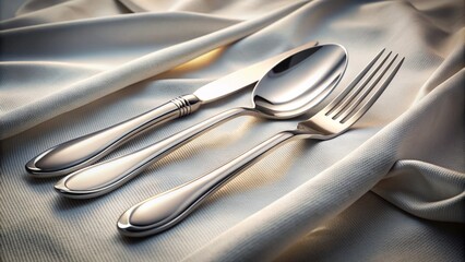 Elegant silver cutlery set comprising fork, knife, and spoon arranged artfully on a crisp white linen tablecloth, accented with subtle shadows and warm lighting.,hd, 8k.