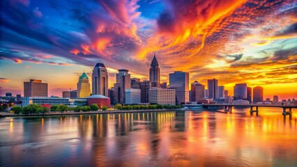 Obraz premium Vibrant sunset casts warm hues on louisville's majestic skyline, featuring distant ohio river and towering skyscrapers against a breathtaking dusky backdrop.,hd, 8k.