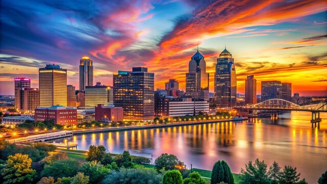 Vibrant evening skyline of louisville, kentucky, showcasing ohio river valley, majestic skyscrapers, and twinkling city lights, against a warm, orange-hued dusk backdrop.,hd, 8k.