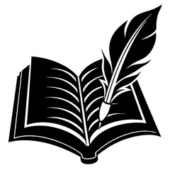 A silhouette of an open book with a quill pen vector