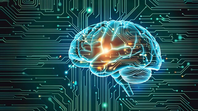 A schematic representation shows human brain communication via a circuit-board, symbolizing artificial intelligence.