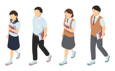 Obraz premium アイソメトリックイラスト：教科書ノートを持って歩く学生(夏服)