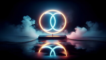 Obraz premium A blue and orange neon sign in the shape of two overlapping circles is shown on a black surface. The sign is glowing brightly, and its reflection can be seen in the surface. 