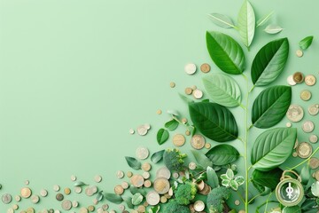 Conceptual image of the green economy and financial growth, featuring a plant and mixed coins symbolizing sustainability and investment.