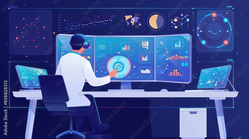 Poster man analyzing data on multiple monitors in a futuristic workspace