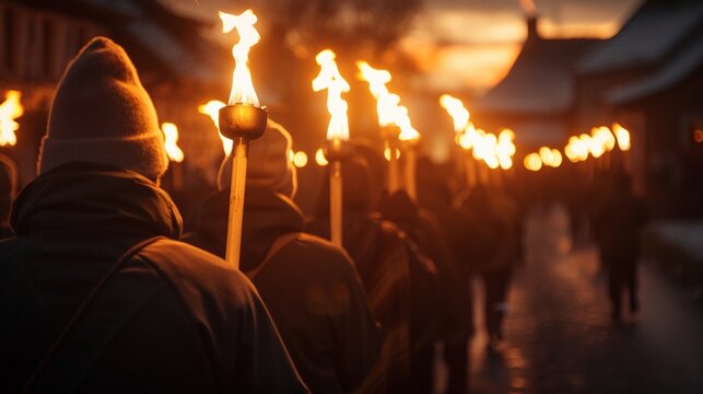 Torchlight procession through a village, participants carrying lit torches, the street aglow with firelight and anticipation for the bonfire and festivities