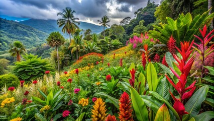 Vibrant hillside in costa rica bursts with an array of colorful plants and flowers, including heliconia, bromeliads, and orchids, set against a lush green backdrop.,hd, 8k.