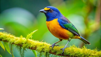 Obraz premium Vibrant olive-backed euphonia bird perches on a lush green branch amidst exotic foliage, showcasing costa rica's rich tropical biodiversity in serene harmony.,hd, 8k.