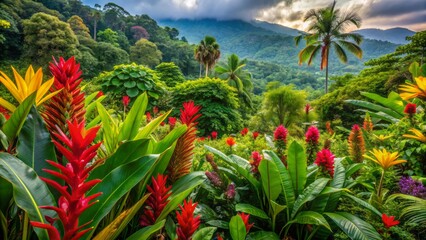 Obraz premium Vibrant hillside in costa rica bursts with an array of colorful plants and flowers, including heliconia, bromeliads, and orchids, set against a lush green backdrop.,hd, 8k.