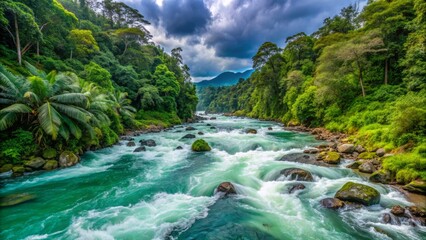 Majestic emerald rainforest surrounds turbulent white-water rapids of savegre river flowing through rugged cordillera de talamanca mountains in costa rica's lush tropical wilderness.,hd, 8k.