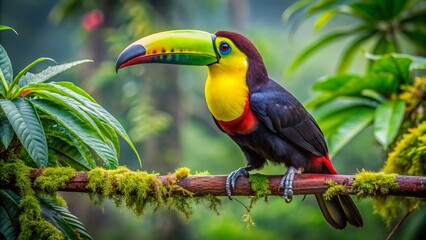 Obraz premium Vibrant chestnut-mandibled toucan with brightly colored beak and feathers rests on a lush green branch amidst the tropical rainforest of parque nacional carara.,hd, 8k.