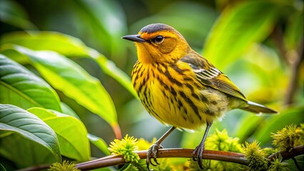 Intense cape may warbler's vibrant yellow and brown plumage glistens in morning sunlight amidst lush tropical foliage near arenal observatory, costa rica's misty jungle landscape.,hd, 8k.