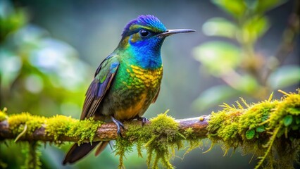 Fototapeta premium Vibrant blue-throated goldentail hummingbird's iridescent feathers glimmer in the misty rainforest surroundings of arenal observatory in costa rica's lush tropical landscape.,hd, 8k.