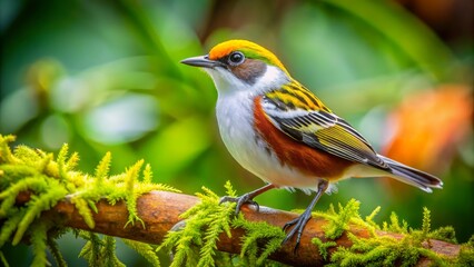 Fototapeta premium Vibrant chestnut-sided warbler perches on a moss-covered branch amidst lush tropical foliage at arenal observatory in costa rica's serene rainforest surroundings.,hd, 8k.