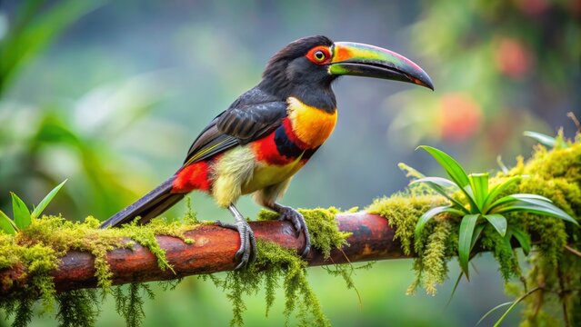 Vibrant collared aracari perches on a moss-covered branch amidst lush tropical foliage near arenal observatory in costa rica's misty rainforest landscape.,hd, 8k.