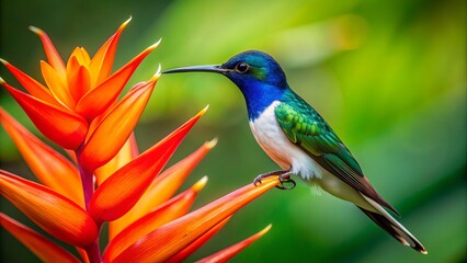 Fototapeta premium Vibrant female white-necked jacobin hummingbird sips nectar from a bright orange heliconia flower amidst a lush green tropical background in costa rica's rainforest.,hd, 8k.