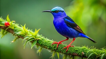 Obraz premium Vibrant immature male red-legged honeycreeper perches on a delicate vine in a lush, misty costa rican rainforest, its bright plumage pops against the emerald foliage.,hd, 8k.