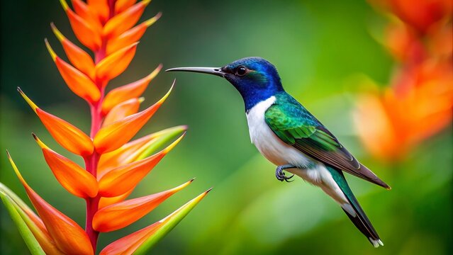 Vibrant female white-necked jacobin hummingbird sips nectar from a bright orange heliconia flower amidst a lush green tropical background in costa rica's rainforest.,hd, 8k.