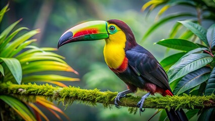 Fototapeta premium Vibrant chestnut-mandibled toucan with bright plumage and oversized beak takes center stage in a lush, emerald-green rainforest setting, costa rica's parque nacional carara.,hd, 8k.