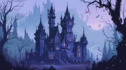 Obraz premium vampire castle flat design, front view, gothic theme, 3D render, complementary color scheme