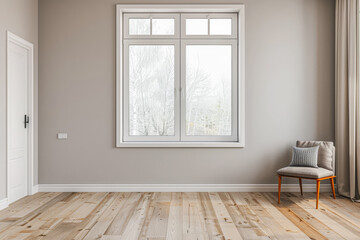 Window in a modern room filled with the light coming from it in a home decor composition. Real Estate interiors design with copy-space.
