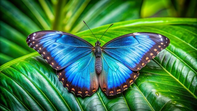 Vibrant blue morpho butterfly with iridescent wings perched on a lush green leaf in the tropical rainforest of costa rica's tuis valley.,hd, 8k.