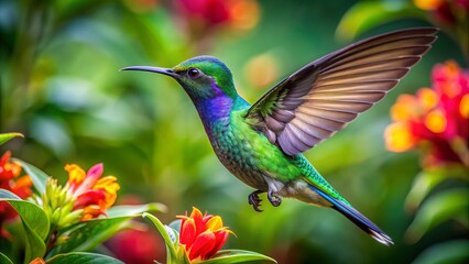 Fototapeta premium Vibrant green and purple feathers gleam in sunlight as a talamanca hummingbird, endemic to costa rica's cordillera de talamanca, flits around a lush tropical flower bouquet.,hd, 8k.