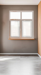 Fototapeta premium Window in a modern room filled with the light coming from it in a home decor composition. Real Estate interiors design with copy-space.