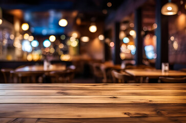 photo wooden table and blurred background of indoor restaurant High quality photo


