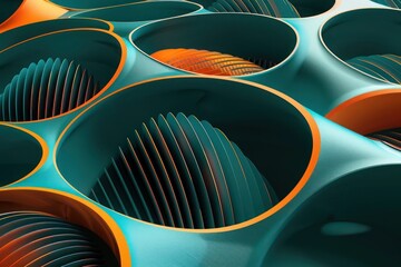 Abstract Background, a vibrant 3D pattern of overlapping circles and ellipses in teal and orange,...