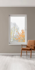Fototapeta premium Window in a modern room filled with the light coming from it in a home decor composition. Real Estate interiors design with copy-space.
