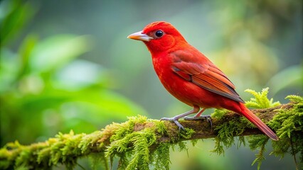 Vibrant summer tanager male with striking red plumage perches on a lush green branch amidst the misty cloud forest of cordillera de talamanca, costa rica.,hd, 8k.