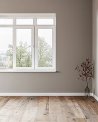 Fototapeta premium Window in a modern room filled with the light coming from it in a home decor composition. Real Estate interiors design with copy-space.