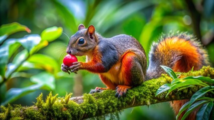 Vibrant variegated squirrel perched on rainforest branch, munching on juicy red fruit, surrounded by lush green foliage in costa rica's parque nacional carara.,hd, 8k.