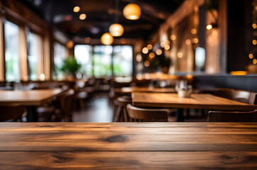 photo wooden table and blurred background of indoor restaurant High quality photo


